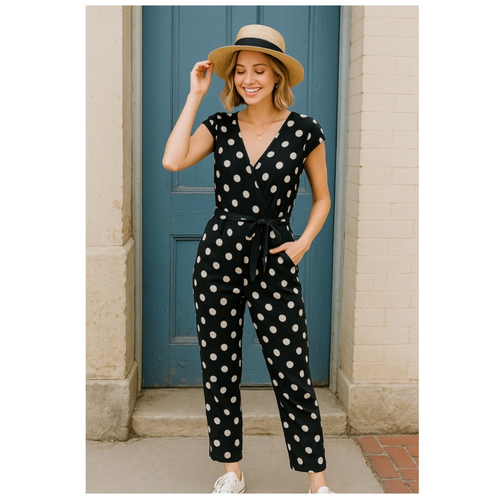 COREY LYNN CALTER Black White Polka Dot Wrap Jumpsuit XS
